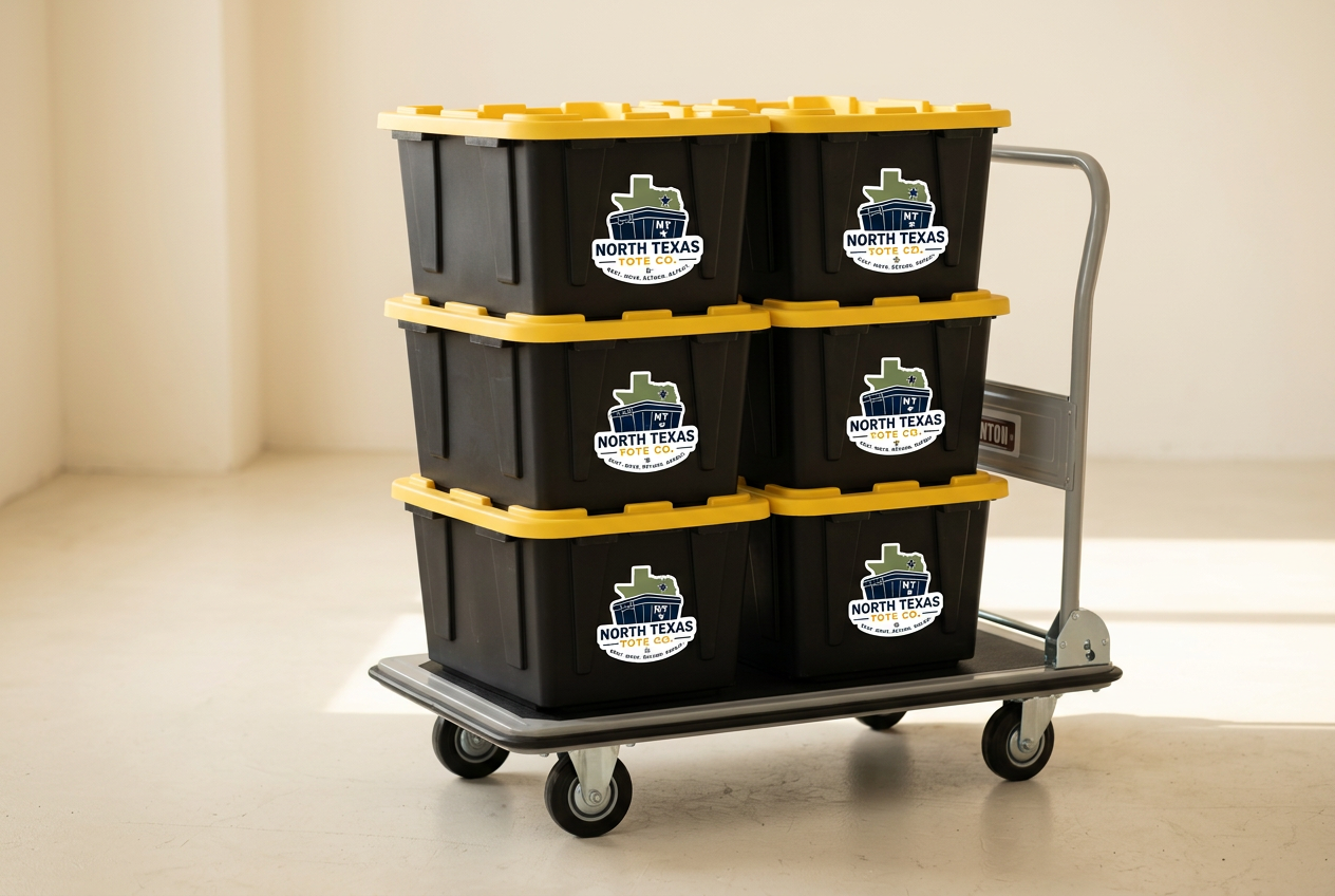 Stack of North Texas Tote Co. moving totes on a dolly